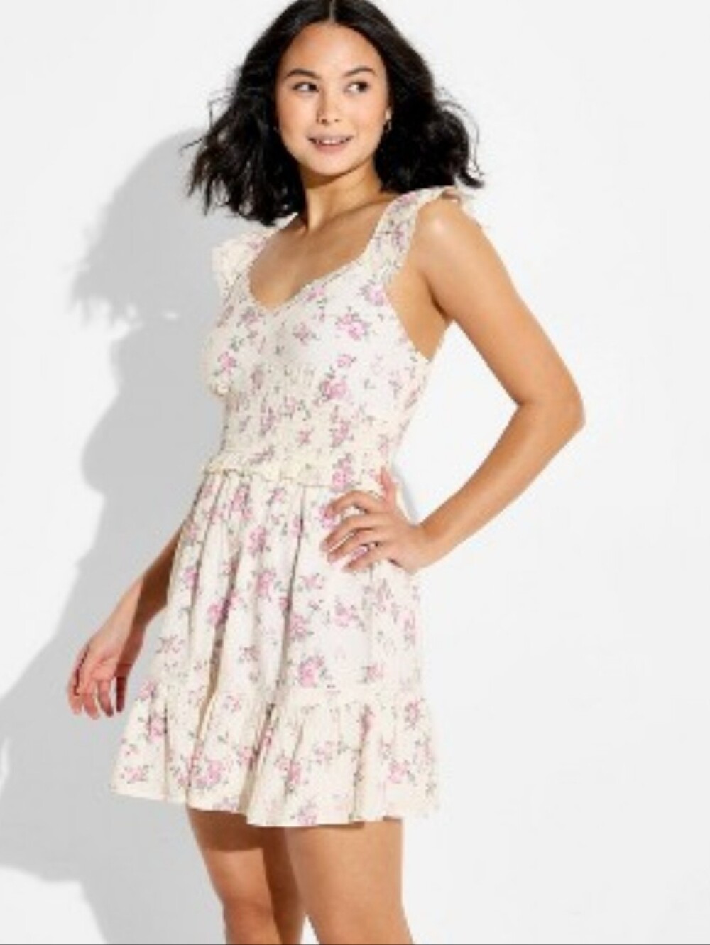 Nwt Flutter Sleeve Floral Ruffle-Trim Sundress in Cream and Pink